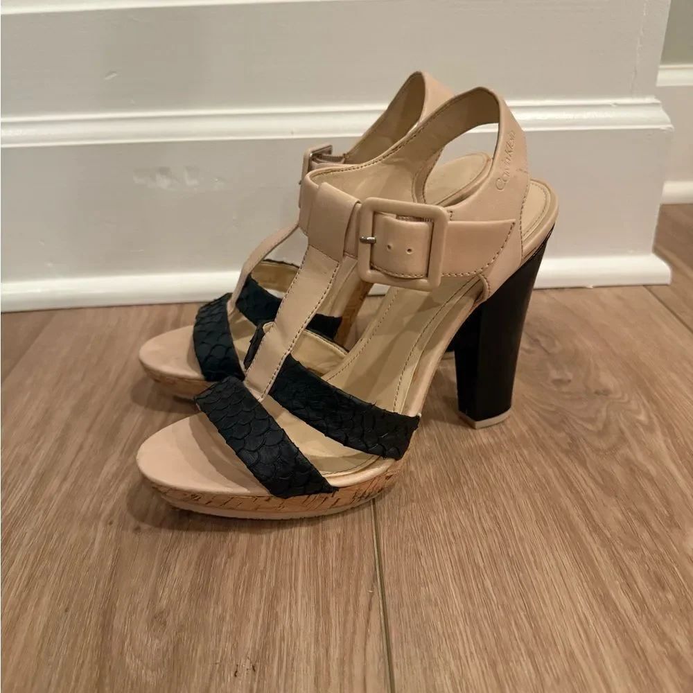 Calvin Klein Black and Tan Heels with Ankle Straps